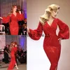 glitter Red Sequins Prom Dresses Cut Out Cheap V Neck Mermaid Open Sides Slit Spark Puff Sleeves Formal Evening Celebrity Elegant 2018 Gowns