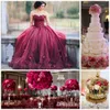 2022 Dark Red Ball Gown Prom Dress Sweetheart Lace Tulle Petal Embellished Floor Length Evening Gowns Sweet 16 Dresses