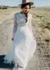 Prosta Linia Koronki Tulle Boho Suknie Ślubne Tanie Illusion Z Długim Rękawem Pełna Długość Beach Country Suknie ślubne Vestidos de Novia