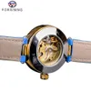 ForSining Lady Mechanical Automatic Wrist Watch Top Brand Fashion Golden Case Skeleton Clock Women Blue äkta läder