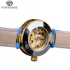 Forsining senhora relógio de pulso mecânico automático topo marca luxo moda ouro caso esqueleto relógio feminino azul genuíno leather251t