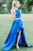 Blue Royal Homecoming Dresses Two Piece Satin High Low Low Tail Party Wear Sleeveless Jewel Neck Ball Gown Abendkleid Vestido