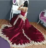 2020 Burgundy Sheer Neck Arabic Dubai Wedding Dresses sheer back Detachable Train gold Lace Beaded Mermaid Wedding Gowns Velvet Bridal Dress