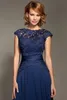 Abiti per la madre della sposa in pizzo blu navy Plus Size Cap Sleeve Appliqued Wedding Guest Abiti economici Abiti da sera lunghi fino al pavimento