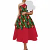 新アフリカのプリントドレスのための女性カスケードフリルワンショルダーAラインヤーンドレスvestidosバジンリッチアフリカ服Wy3353