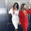 Lace Up Slim Mini Dress Sexy Women Party Bodycon Long Sleeve Deep V-Neck Vestido mujer Stretch Knee Length Club Dresses