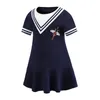 Retail/wholesale baby girls Navy pleated Embroidered princess dress causual dresses children fashion Designers Clothes Kids boutique clothing