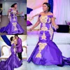 Royal Purple Plus Size prom jurken Mermaid Gold Lace Applique Borduurwerk Satin Sweep Train Custom Made African Evening Formal Jurk