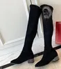 Hot queda Venda de mola mulheres botas de camurça preta COURO REAL meias puxar saltos baixos Coxa-alta de cristal embelezado Over-the-joelho botas altas