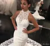 Dubai Arabisch Afrikanische Neue Ankunft Meerjungfrau Brautkleider Kristall High Neck Spitze Applique Kapelle Zug Brautkleid Brautkleid Custom