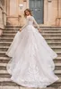 2020 nuevos vestidos de novia modestos de manga larga de encaje una línea de tul apliques de encaje tren de la corte vestidos de novia de boda con botones robe de mari￩e