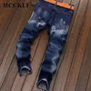 Mäns Ripped Slim Fit Jeans Tvättade Denim Jeans High Street Hip Hop Blå Distressed Pants Byxor 2019 Höstmans Streetwear