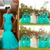 Afrikanska bröllop gästklänningar turkos sjöjungfru brudtärna klänningar från axeln Aqua Blue Long Party Evening Dresses
