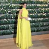 Abendkleider Dubai Formal Dress Women Elegant Chiffon Ruched High Neck Cape Yellow Evening Dress Vestido Longo Festa