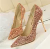 Hot Sale-W Styl Sexy Lady Nude Cekinowe Crystal Shoespoint High Heels Buty Buty Pompy 9,5 cm Oryginalne Cekiny Buty ślubne