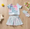 Baby sereia vestuário conjunta crianças meninas coloridas camiseta t camisa bowknot faixas de cabeça ternos de manga curta de verão mini vestido de cabelo conjunto cdyp684