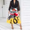 Women Sexy Skirts Elastic Waist Letter Print High Waisted A Line Street Skirt Pleated Full Midi Skirt