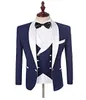 Marineblauer Bräutigam-Smoking, weißer Schal-Revers, Trauzeugen, Herren-Hochzeitskleid, modischer Herren-Jacken-Blazer, 3-teiliger Anzug (Jacke + Hose + Weste + Krawatte) 1423
