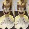 Elegancka Illusion Suknie Wieczorowe Długie Rękawy Wysokiej szyi Złote Koronkowe Aplikacje Mermaid Prom Dress Długie Satin Party Suknie Tanie