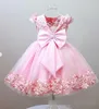 Милые розовые платья с цветочным узором для девочек, кружевное тюль с аппликацией и короткими рукавами, большой бант, кристаллы, цветы ручной работы, праздничное платье для маленьких девочек