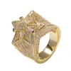 Iced Out CZ Hip Hop Pentagram Star Mens Ring Band جديدة ذات جودة كبيرة جودة مكعبة الزركونيا الذهب الكامل Diamond Street Rapper Fing213S