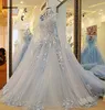 Dubai Sky Blue Suknie ślubne z długim płaszczem Crystal Pearls Puffy Bridal Ball Suknie Robe de Mariee 2021 Aplikacje Casamento