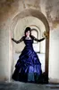 빈티지 빅토리아 고딕 볼 가운 웨딩 드레스 얇은 소매 섹시한 파란색과 검은 색 루치 레트로 코르셋 레이스 신부 가운 PL6703000