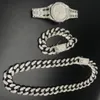 2 cm Hip Hop Gold Color Iced Out Crystal Miami Cuban Chain Gold Silver Men Watch Nalband Armband Set Hip Hop King New11465373
