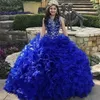 Vintage Royal Blue Quinceanera Suknie Bez Rękawów Kryształ Klejnot Neck Zroszony Organza Sweet 16 Dress Vestidos 15 Anos Party Wear Party Suknie