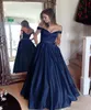 Navy Blue Ball Gowns Prom Dresses Off Shoulder Crystal Beaded Sash Satin Floor Length Dark Red Backless Evening Dresses DH4094