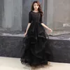 2021 Black Lace Tulle Long Modest Prom Dresses With Half 1 2 Sleeves A-line Floor Length Ruffles Skirt Teens Formal Party Dress 212R