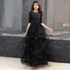 2021 dentelle noire tulle longues robes de bal modestes avec demi manches 1/2 une ligne étage longueur volants jupe adolescents robe de soirée formelle