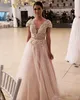 Short Sleeves V-Neck Prom Dresses A-Line Appliques Lace Tulle Evening Gowns Long High Quality Party Dresses Women's Formal Wear