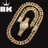 2cm Zircon Guldfärg Iced Out Crystal Miami Kubansk Kedja Guld Silver Halsband Armband Klock Set Hot Säljer Hip Hop King