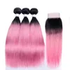 #T 1b / rosafarbene Rosa Gerade Remy Human Hair-Bündel mit 4x4-Spitzenverschluss