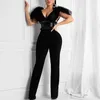 Bundet Bow Shoulder Mesh Pu Leather Patchwork Jumpsuit Women Black White Long Wide Pants Jumpsuit Womens Rompers Sexig Club total4523234