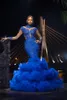 2019 Royal Blue Prom Klänningar Hög Neck Lace Appliqued Pärlor Långärmad Mermaid Evening Dress Cloud Layer Gorgeous Formal Party Grows