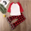 Christmas Baby Clothing Set Wzburzyć Długie Rękawy Plaid Xmas Drzewo List Topy + Lattice Leopard Flare Spodnie 2 sztuk / Set Odzież dziecięca M734