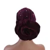 Kvinnor Varm Ruffle Big Flower Bead Velvet Turban Hat Head Wrap Chemo Beanies Hijab Bonnet Cap Headwear Hårtillbehör