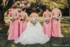 Chiffon Coral Pink Bridesmaid Dresses V Neck Sexy Backless A Lilne Lace Applique Floor Length Maid of Honor Gown Custom Made Plus Size pplique