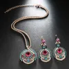 3Pcs Vintage Necklaces Jewelry Sets For Women Antique Gold Pink Crystal Wedding Party Earrings Necklace Ring Female Turkish Jewelrys