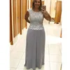 2020 Nyaste Elegant Plus Size Silver A-Line Chiffon Long Mother Dresses With Crystal Sash Formell Evening Prom Gowns