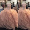 2021 Peach Quinceanera Dresses Ball Gown Off Shoulder Crystal Beaded Tiered Ruffles Puffy Tulle Plus Size Sweet 16 Long Party Prom Evening Gowns
