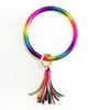 PU cuero arco iris pulsera llavero colorido llavero círculo borla pulsera mujeres chica arco iris pulsera llavero regalos HHA756