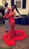 2019 Red Halter Lace Mermaid Long Prom Dresses Sequins Applique Fur Sweep Train Formell Party Evening Dresses Vestidos de Novia Hot Sale