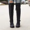 Venda imperdível - Botas femininas de cano alto femininas retrô com dedo redondo Steampunk estilo vintage gótico sapatos de salto baixo com cadarço botas de cavaleiro de cano longo