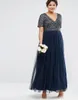 Custom Made New Sequins Plus Size Mother of the Bride Dresses V Neck Short Sleeve Ankle Length Evening Gowns Dark Navy Party Gowns