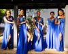 2020 Afrika Yaz Kraliyet Mavi şifon Dantel Gelinlik Modelleri A Hattı kap Kol Bölünmüş Uzun Maid of Honor Gowns Artı boyutu Custom Made