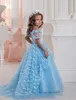 Short Sleeves Blue Flower Girl Dresses Baby Girl Pageant Dresses with Lace Overlay Skirt Ball Gown Princess First Communion Dress