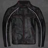 Chaqueta de cuero genuino con borde marrón rojo para motocicleta, chaqueta de carreras para hombre con cuello levantado exterior, moda de calle nocturna reflectante